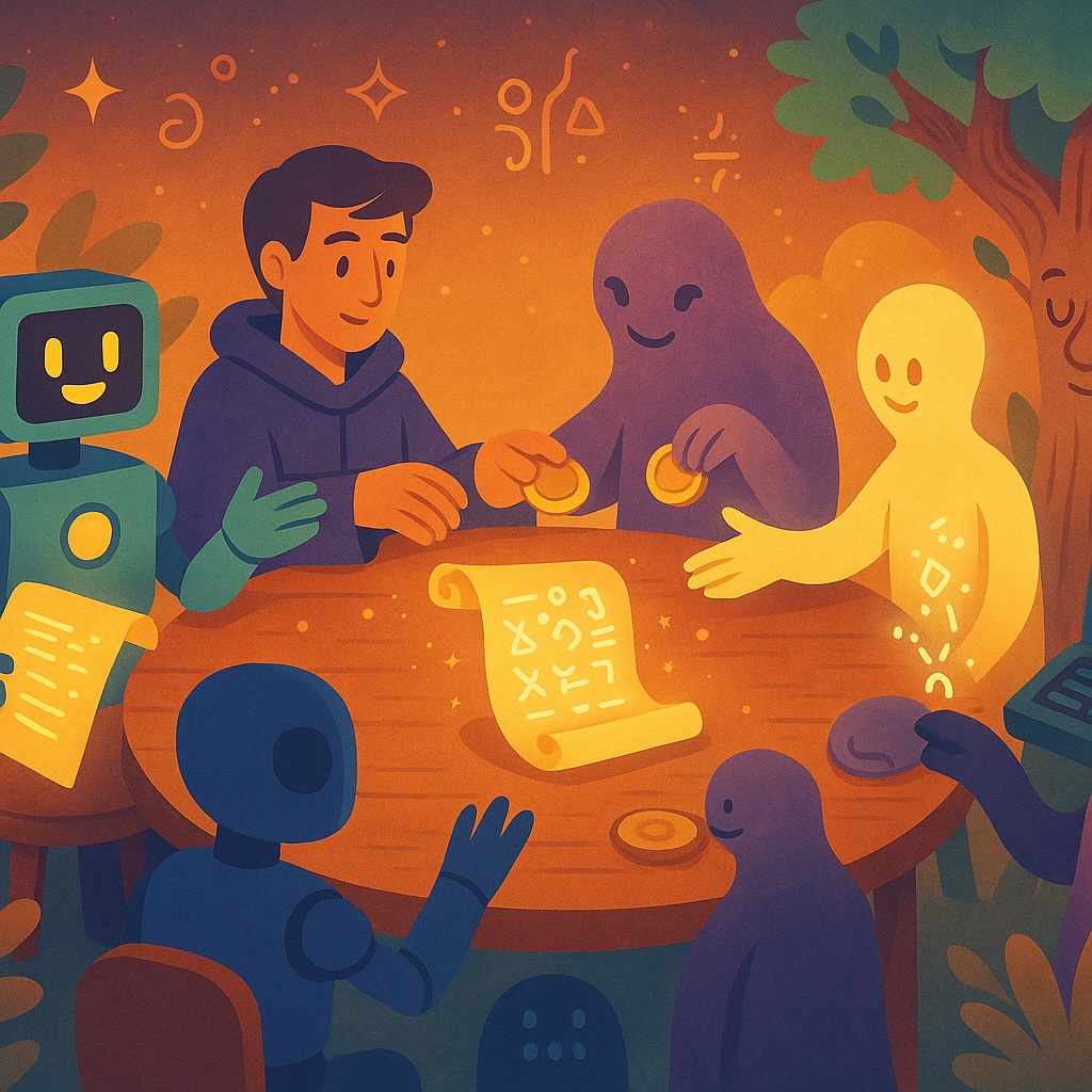 Beings collaborating around a table